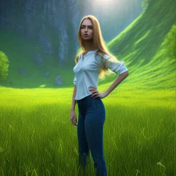 gorgeous young Swiss girl standing in green field, mountain, sun, wearing blue shirt over, open arms, realistic eyes, unreal engine, photograph, realistic skin texture, photorealistic, hyper realism, highly detailed, 85mm portrait photography