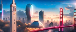 neon saber lights on buildings, bright sunrise