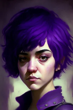A portrait of a girl with an heavy armon, short purple hair,