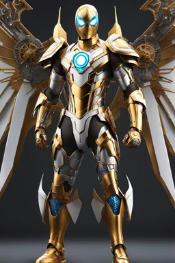 Full body Spider Man Angel cyborg straddle wings, using traditional armor,detailed, intricate,gears cogs cables wires circuits, gold silver chrome copper