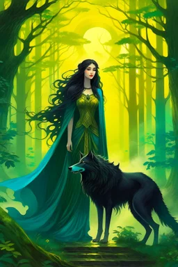 book cover, In the heart of a dense and enigmatic forest with towering ancient trees cloaked in emerald, yellow and amber foliage stood a bewitching sorceress possessing an ethereal allure her lustrous hair cascading in ebony waves down to her slender waist In the background a faithful companion a majestic canine of Belgian shepherd lineage roamed at her side its eyes illuminated by an otherworldly crimson glow exuding an aura both mysterious and demonic