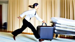 hotel housekeeping running away with a suitcase