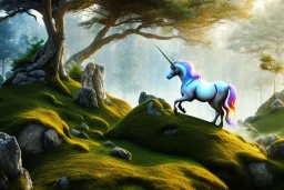 unicorn stand on a rock, forest, 8k resolution, high-quality, fine-detail, intricate, fantasy art, detailed matte, volumetric lighting, illustration, 3D