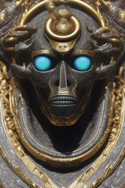 Anunnaki black male African Egyptian alien, cracks in the voodoo head, wicked, eyes, Elephant, 8k, finely detailed, photo realistic, tiger turquoise skull head gold dragon helmet space alien silver surfer skeleton gold Olmec silver crown silver eyes, big wave tsunami