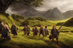 hobbits in the shire scenery landscape, lord of the rings, highly detailed, higly-detailed symmetric faces, perfect lighting, perfect composition, 4 k, artgerm, derek zabrocki, greg rutkowski