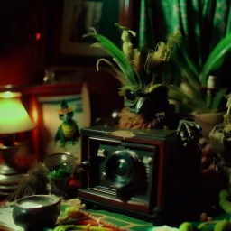 Close-up polaroid of ultra realistic odd monster, part man, part plant, and part animal in a living-room, vivid, ultra realistic, Egon Schiele, hypermaximalist figures, light, Italian 1970's odd movie, hilarious, fine art, Minicavio Quollati style, photography by Marlost Endgulp, dark atmosphere, obsessive, 4k, sharp focus, 3d, photorealism