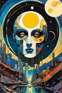 Create a chaotic abstract cubist Tarot Card depicting a post apocalyptic, The Moon , with highly detailed facial features, in the style of Bill Sienkiewicz, Philippe Druillet, Gustav Klimt, and Jean Giraud Moebius, precisely drawn, colored and inked