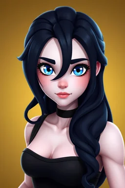 Beautiful; stunning; Blue eyes, long wavy black hair, pale skin character in fortnite (fortnite video game), (vivid), ((fortnite cartoon character)), fortnite animation, fortnite skin, (tilted towers fortnite map), full body shot, bright and dynamic coloring, (fortnite epic games), semi realistic with smaller eyes