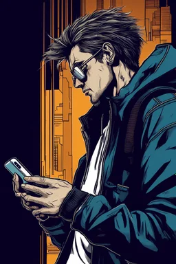 man, profile, cyberpunk, holding a cellphone, comic book art style, geek, engineer, t-shirt, jeans, drug addict, hoodie,