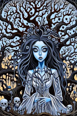 A painting depicting a surreal ghostly woman with ghostly white skin in Tim Burton style, high details, surrounded by various strange mystic trees. Her eyes are close open, and her is long messy dark hair. she holding a black heart, adding a unique surreal and sinister style to the artwork, etheral, weird plants, otherworldly, dark mood