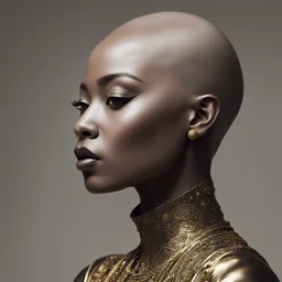 a close up of a person with a bald head, by Fei Danxu, afrofuturism, elegant lady with alabaster skin, elegant profile posing, greg ruth, intense albino, ebony rococo, light skinned african young girl, kris kuksi, with grey skin, lpoty, smooth gold skin, shaven, 2b, intricate”