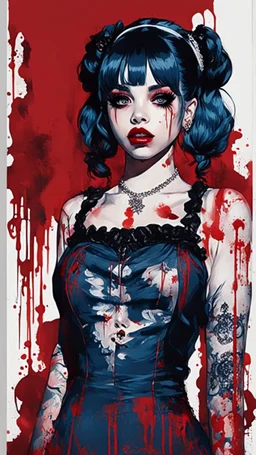 Poster in two gradually, a one side malevolent goth vampire girl face and other side the Singer Melanie Martinez face, full body, painting by Yoji Shinkawa, darkblue and red tones,