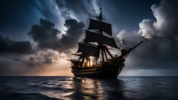 RAW photo, pirate ship, sailing on a body of water under the night sky with stars and clouds above it, (storm:1.4), (meteorite in the distance:1.2), uhd, dslr, soft lighting, high quality, film grain, Fujifilm XT3