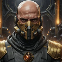 star wars bald male corellian pilot wearing pearlescent black and gunmetal grey First Order special forces heavy assault stealth commando armor and helmet with gold trim inside the jedi temple, hyperdetailed, dynamic lighting, hyperdetailed background, 8k resolution, volumetric lighting, light skin, fully symmetric details