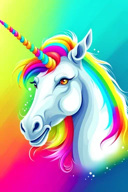 a unicorn portrait, cross profile, smiling, rainbow colors, cartoon ,centered,no background,