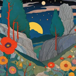 Colourful, peaceful, Egon Schiele, Max Ernst, night sky filled with galaxies and stars, rock formations, trees, flowers, one-line drawing, sharp focus, 8k, deep 3d field, intricate, ornate