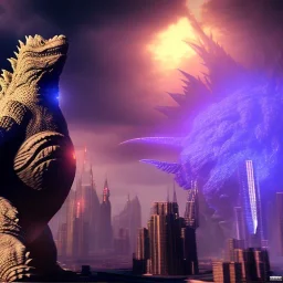 Godzilla destroy city, Ultraviolet dimension, unreal engine 5, 8k resolution, attractive, realistic, ultra detailed