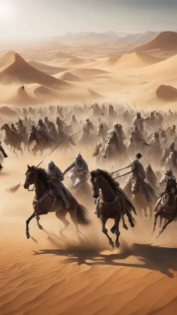 An Islamic war between two armies in the desert, with swords and horses