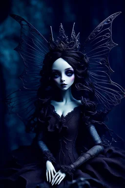 A whimsical dark fantasy detailed doll-like dark fairy figure with wings, an ethereal presence and hyper-realistic features. Her ewaring a victorian, goth enchanted aesthetic. Her large, dark eyes shimmer with mystery, while her flowing lacy long gown sways as if caught in an unseen breeze. Ornate wire spirals and dried dry floral elements crown around, giving her an otherworldly, nature-bound elegance with dark lace, shadows, fog in a surreal atmosphere. Hyperrealistic, splash art, concept art