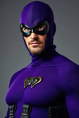 full-length, A portrait of a the Phantom, a man with piercing blue eyes, a chiseled jaw, goatee, timeless face, stern expression, Wearing a skintight formfitting purple cotton hero suit with a skintight cowl with a widows peak that fits tight to his head, but does not cover his face, he wears a thin, black leather, bandit eye disguise over his eyes, black and blue diagonally striped trunks, dual-holstered pistol belt adorned with a triangle skull-shaped buckle with leg straps, knee-high boots