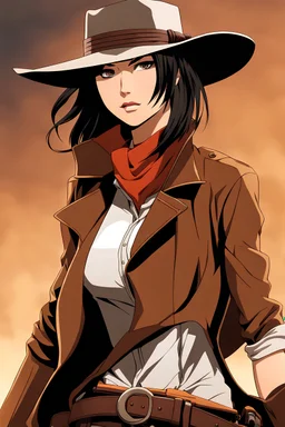 Mikasa Ackermann as a Female gunslinger, cowboy hat, revolver, anime