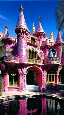 A purplish magenta palace with mystic mirrors painted by Antoni Gaudi