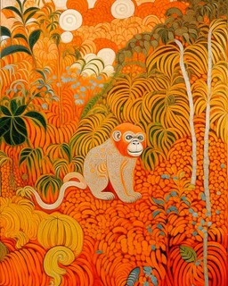 A light rosy orange colored jungle with gorillas designed in Australian aboriginal art painted by Gustav Klimt
