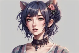 Beautiful woman, 30 years old, anime style, small ears, choker, intricate details, highly detailed portrait, masterpiece, ultra detailed, ultra quality, zoom out, don't cut off top of image, colored shirt,