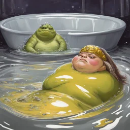 Jabba the Hutt and Princess Zelda having a bath on melted silver