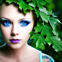 beautiful, girl, magical, blue eyes, short green hair, dressed with ivy, posing, backgound is a dark forest, realistic, high definition, 4k