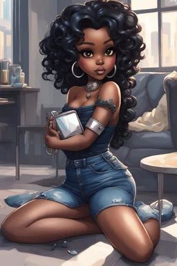 Create a futurism magna art of a black chibi curvy female sitting on the floor looking at herself in a hand mirror. She is wearing tight blue jeans and a black off the shoulder blouse. Prominent make up with lush lashes. Highly detailed long wavy hair. She is also wearing silver large hoop earringsart of a black chibi curvy female sitting on the floor looking at her cell phone. She is wearing tight blue jeans and a black off the shoulder blouse. Prominent make up with lush lashes.