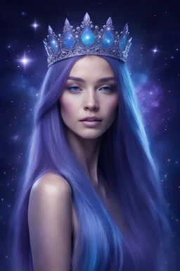 cosmic beautiful woman, with long, straight hair with blue and purple highlights tiara on the hair, in a peaceful background with a cosmic blue purple background , stars