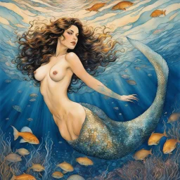 [art by Milo Manara] In the depths of the sea, a captivating mermaid emerges, her form a fusion of sensuality and aquatic allure. Iridescent scales adorn her lower half, blurring the line between woman and fish. Suggestive tattoos embellish her body, revealing a lack of inhibitions and inviting exploration. Her captivating gaze holds untamed desires and secrets within, igniting passions. With graceful movements, she embodies seduction and liberation, blurring boundaries and embracing the extraor