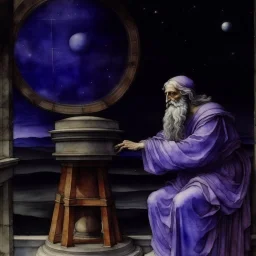 A violet observatory pointing at the galaxy painted by Leonardo da Vinci