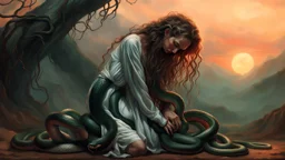 an suffering and crying long, braided, frizzy hair female figure kneel in vintage white long-sleeve sleepdress and a lot of giant green-brown and black-red snakes climbing on his all body completely covered, twisting her legs , many snake climbing her body and neck, high detalied, high realistic, cinematic, surreal, thriller, dark fantasy, sunset, mistic fog, blur dark forest in background