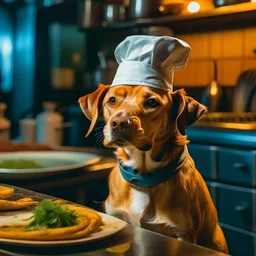 Retrato de un perro con cofia y delantal de chefs, de fondo un restaurante al estilo van gogh