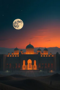 a beautiful moonlit Arabic scene. atmospheric. huge palace and immense view of the night sky. hyper-realism. beautiful desert sunset
