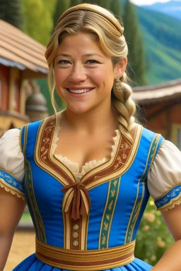 Gina Rodriguez fully transformed into a blonde german version of herself, dirndl attire. Head undergoes complete change, golden radiance, blue eyes, idealized Germanic allure emerges. Torso fully transformed, enhanced curves pronounced, dirndl-clad, embroidered details accentuating. Arms refine into a graceful embrace of tradition. Hips and thighs sculpted into an idealized silhouette. Legs elegantly elongate, carrying enchantment seamlessly. Feet undergo a subtle yet refined transformation.