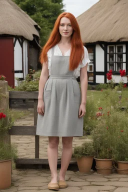 Full body and headshot of a slim young woman with long straight red hair, standing in front of a row of cottages and shops with thatched roofs