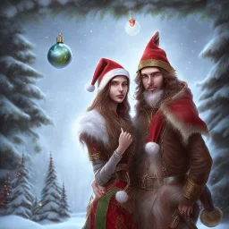 two elves. woman and man. Christmas scene. photorealistic. low-key