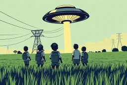 bumper sticker design in long rectangle, westall in bold heading text ufo 1966, lots of school children looking up in a field with high voltage powerline and gumtree's, mysterious cool, bold