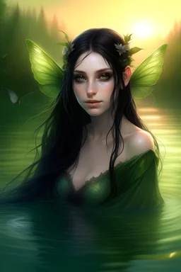 retrato de un hada humanizada de pelo largo negro, ojos verdes y alas grandes en un estanque al amanecer bañandose