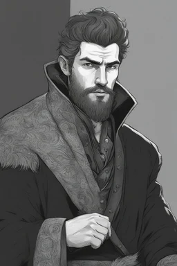 man, age 20, medieval, fighter, russian, croocked nose, czar, rich, simple clothes, short messy hair, thick beard, oligarch, leather coat with fur, brocade clothes, pencil drawing, black or red hair, muscles