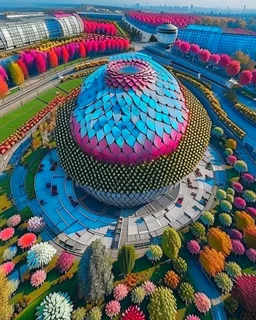 Vista aérea del Centro Cultural en forma de flor, espectacular, impactante, calidad ultra, maximalista, 8k