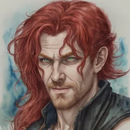 dnd, fantasy, watercolour, large strokes, stylistic, portrait, illustration, dull colours, male, face, narrow long face, weathered face, green eyes, determined, smiling, red hair, very long hair streaming down the shoulders, lush hair, radiating light, five o'clock shadow, elegant, short small mouth