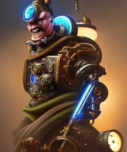 evil mechanical person with a steampunk theme, realistic