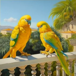 Neoclassicism realistic yellow orange cote d'azur parakeets landscape sea