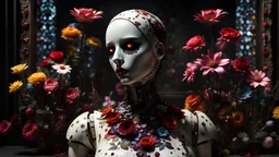 A gritty horror game rendering of a creepy posable art mannequin with articulated joints, the art style of Silent Hill, decaying, liminal spaces, eerie, flirty, painted mosaic porcelain, wet, glossy, flickering eyes, colorful flower petals, dark fine arts, morbid fine arts, macabre fine arts, 16k resolution, high quality, sharp focus, intricate details, highly detailed, chaotic, dynamic lighting, backlit, photorealism, canon lens, full figure shot, deep color, black, white and crimson hour