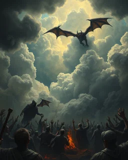 Bosch painting style, nightmare , people suffering in hell , dramatic, great quality picture with cinematic scenes , show heavy clouds and hooded devils with wings hovering the sky in the background