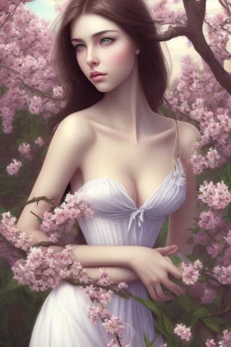 Beautiful Girl in the garden, 18 century, brunette, literally dark hair, dark eyes, slim and tall, smell of sakura